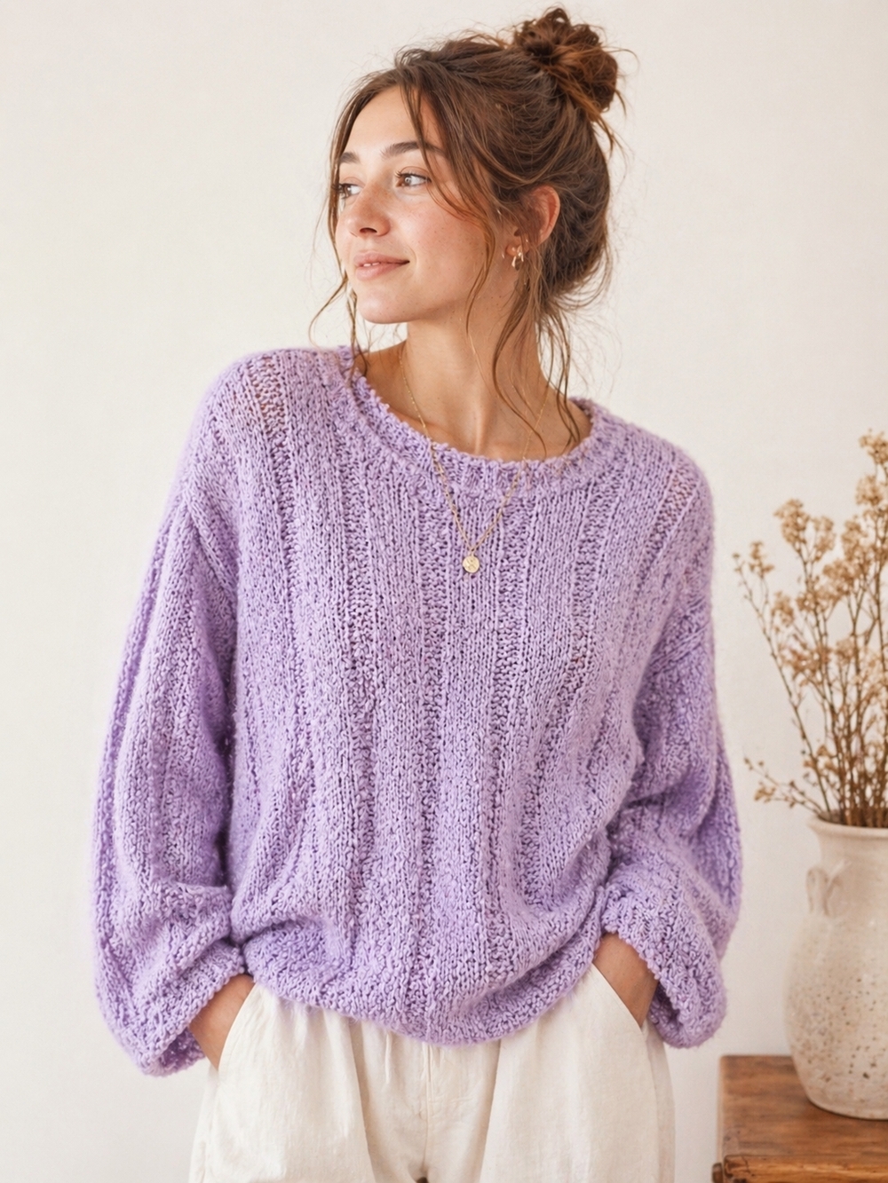 Vintage 90s Handmade Knit Sweater Lavender Chunky Knit Long Sleeve Boho Fits Med